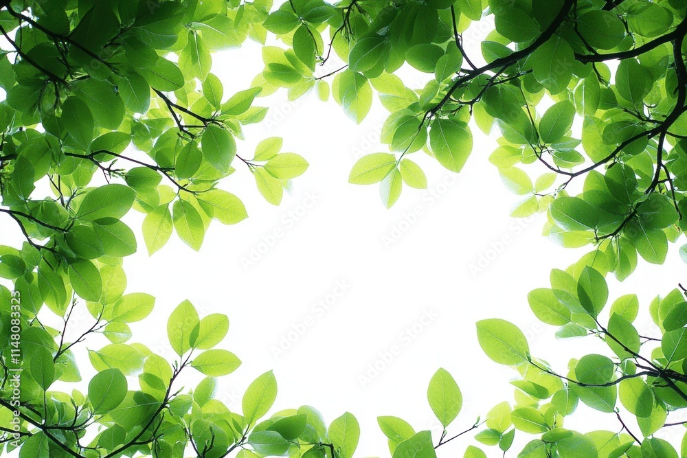 Lush Green Leaves Framing Bright Light in a Natural Canopy, Capturing the Tranquility and Freshness of Nature Under a Clear Sky Lush Green Leaves Framing Bright Light in a Natural Canopy, Capturing the Tranquility and Freshness of Nature Under a Clear Sky