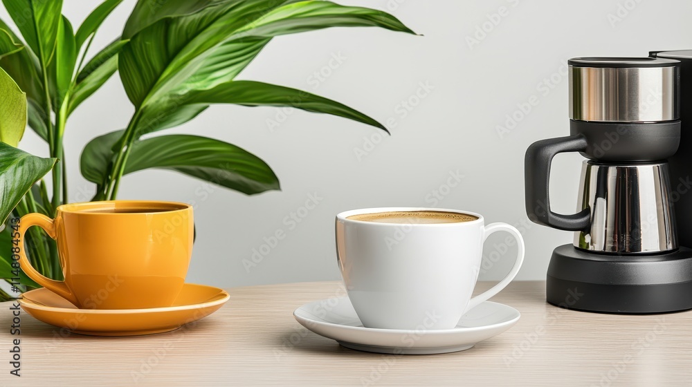 Warm Coffee Moments with Elegant Cups and Lush Green Plants on Light Wooden Table Warm Coffee Moments with Elegant Cups and Lush Green Plants on Light Wooden Table