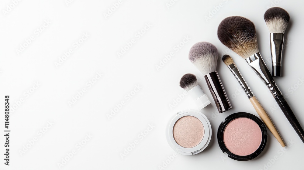 Makeup brushes and compact powders on white background. Makeup brushes and compact powders on white background.