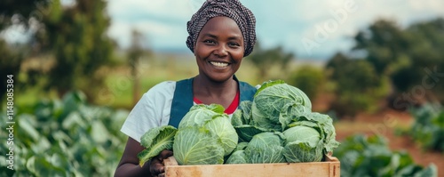 Portrait of a dedicated black woman holding a crate full of fresh cabbage in her hands on the farm outdoors. photo