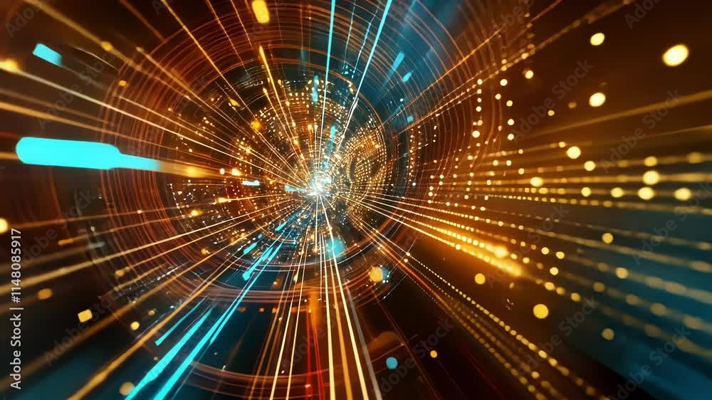 Big data streams are converging, forming a digital tunnel with glowing particles and lines of light, symbolizing the flow of information in cyberspace