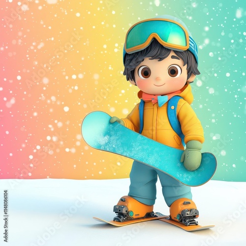 A 3D clipart of a snowboarder holding a snowboard, standing on the right side of the image, with a randomly colored background4K cartoon animation photo