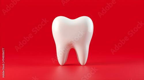 Cute avatar 3D image of high-quality, close-up to a white thooth. the background is a solid, vibrant red with no shadows or additional elements. lighting is centered on the tooth, Generative AI photo