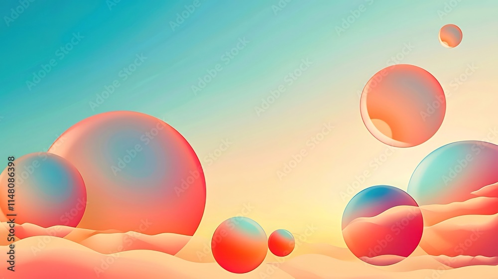 Pastel-colored spheres float above a soft, sandy landscape under a tranquil sky. Pastel-colored spheres float above a soft, sandy landscape under a tranquil sky.