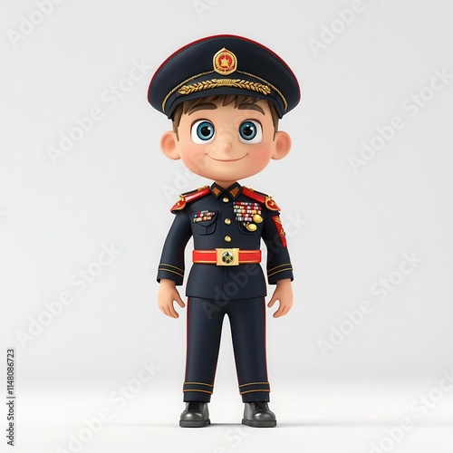 A 3D clipart of a soldier in uniform, standing confidently, white background4K cartoon animation photo