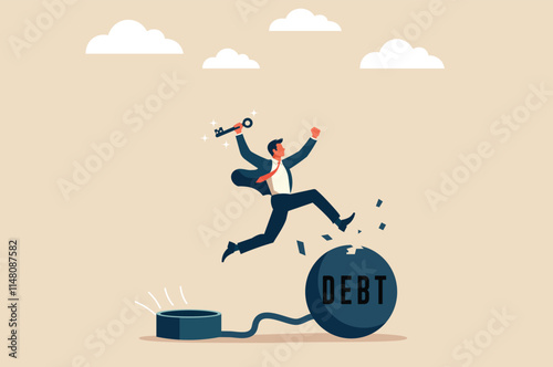 Businessman breaking free from a debt ball and chain, symbolizing financial freedom, overcoming debt, and achieving success. Ideal for financial blogs, debt management, economic empowerment campaigns.