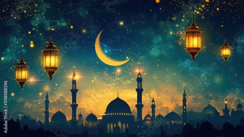 Ramadan Kareem with serene mosque and lantern, crescent moon serene evening background with beautiful glowing lantern. photo