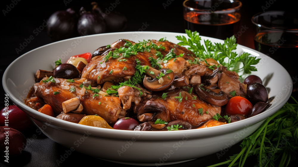 Coq au Vin Isolated on Transparent Background - Classic French Cuisine with Braised Chicken in Red Wine for Culinary Photography and Food Design Coq au Vin Isolated on Transparent Background - Classic French Cuisine with Braised Chicken in Red Wine for Culinary Photography and Food Design