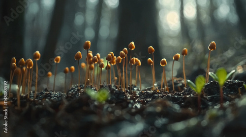 Newly sprouted mushrooms in a forest during early morning light. 