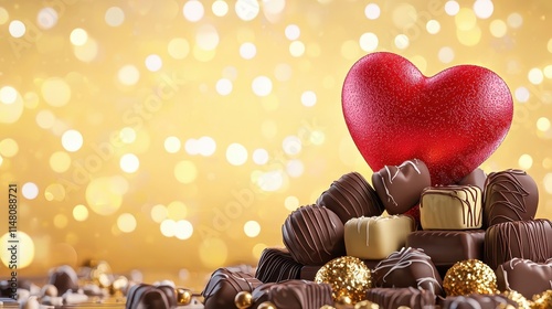 Heart-Shaped Decoration on Assorted Chocolates with Shimmering Golden Background