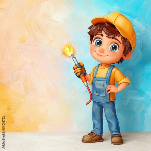 A 3D clipart of a welder holding a welding torch, standing on the right side of the image, with a randomly colored background4K cartoon animation photo