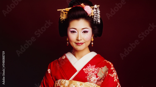 Image of beautiful young geisha woman in traditional japanese kimono