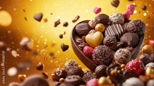 Assorted Gourmet Chocolate Collection In Heart Shaped Box With Colorful Decorations