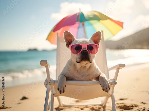 A dog down on a beach bench and wearing pink sunglasses photo