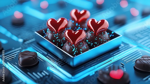 Heart-Shaped Chocolate Treats on Blue Background, Sweet Dessert for Valentine's Day Celebration