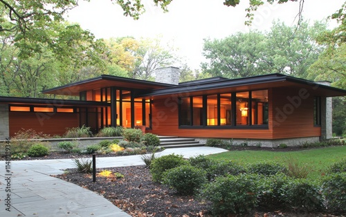 A contemporary house with minimalist architecture, sharp edges, and warm wooden paneling