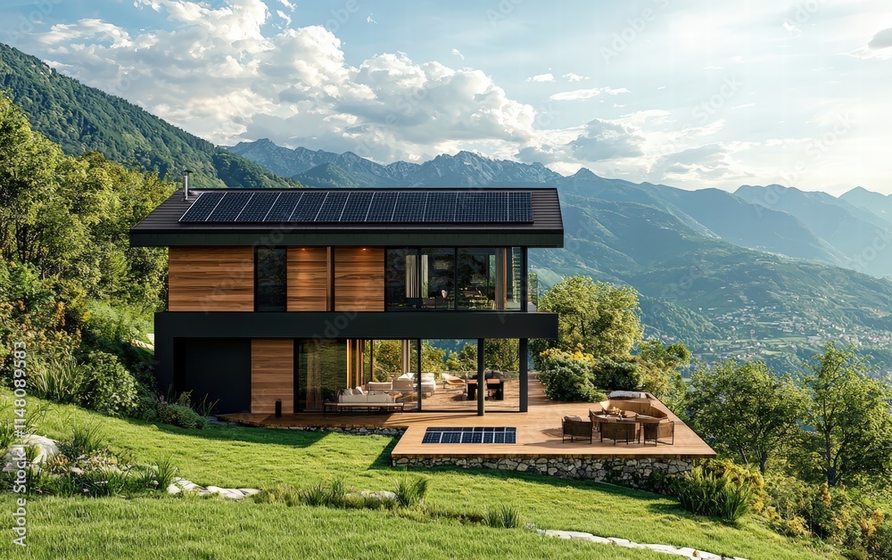 Fototapeta premium A contemporary house with solar panels integrated into the facade, overlooking a tranquil mountain range
