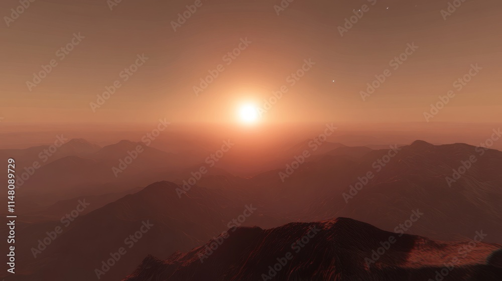 Obraz premium Alien planet sunset over hazy mountains.