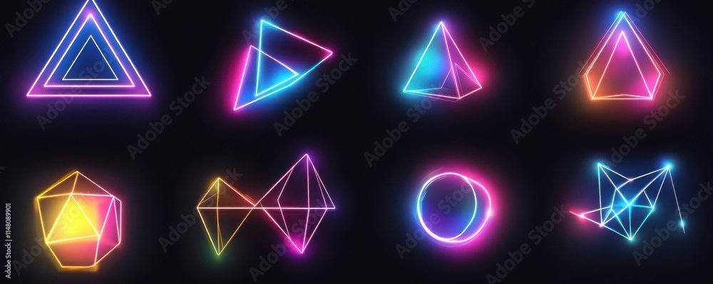 Neon Shapes on Dark Background: Glowing neon geometric shapes on dark background, sci-fi vibe, bright colors, cyberpunk aesthetics, futuristic Neon Shapes on Dark Background: Glowing neon geometric shapes on dark background, sci-fi vibe, bright colors, cyberpunk aesthetics, futuristic