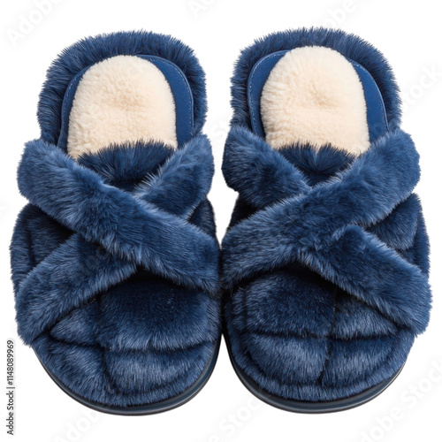 Plush blue slippers designed for comfort, featuring a cross strap and soft lining, ideal for cozy indoor wear, white background, transparent background. photo