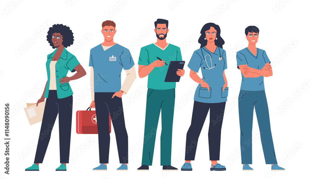 Obraz premium Diverse team of doctors and nurses. Modern flat cartoon illustration isolated on white background