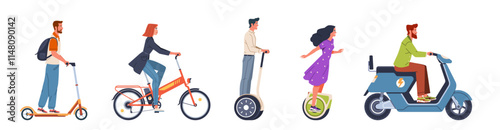 Set of people men and women riding on eco friendly safety electric transport. Scooter, bicycle, monowheel, segway. Modern flat cartoon illustration isolated on white background