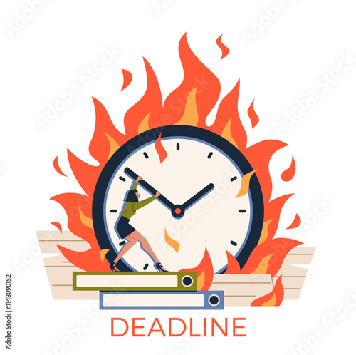 Deadline concept. Young woman tries to stop time on a burning clock. Modern flat cartoon illustration isolated on white background