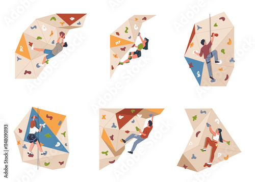 Set of people climbing up in bouldering park. Extreme sport activity. Modern flat cartoon illustration isolated on white background