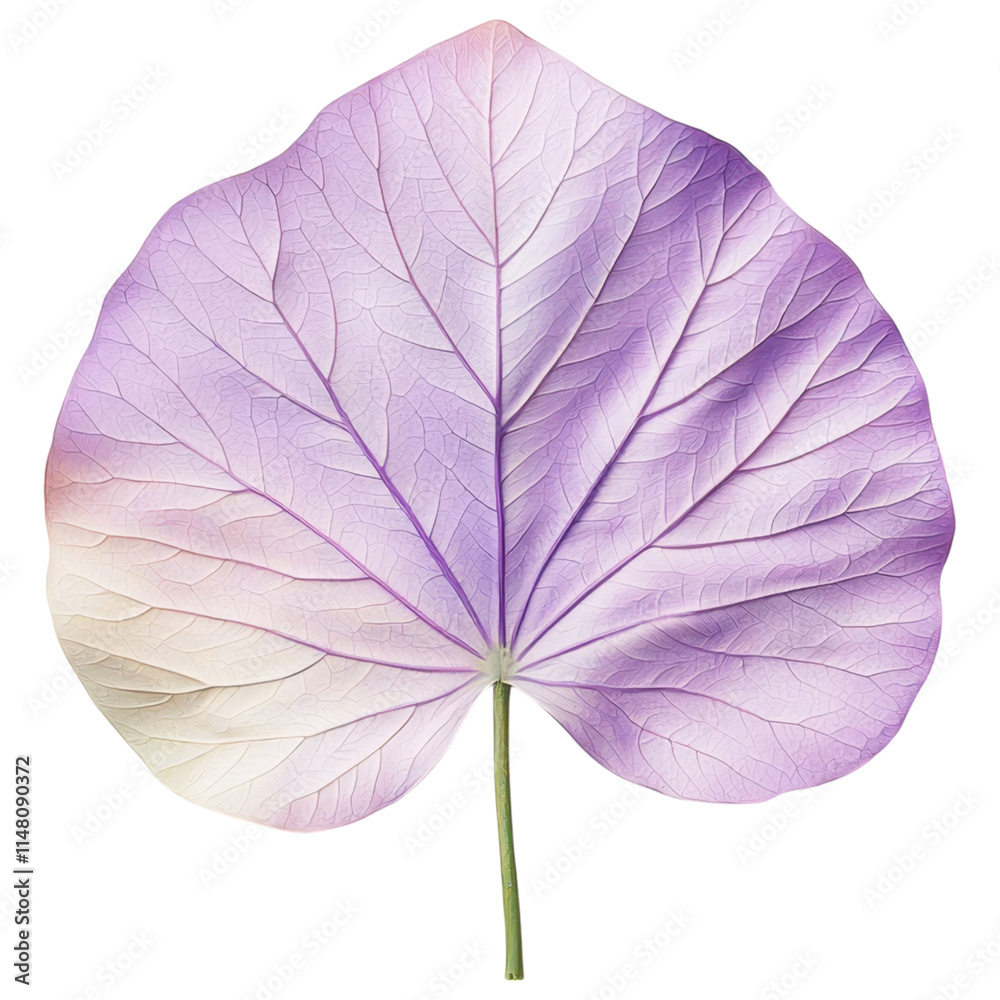 Obraz premium A delicate, pastel-hued leaf showcasing intricate vein patterns and a smooth texture, white background, transparent background.