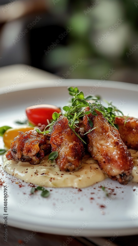 Juicy chicken wings served on creamy sauce with fresh garnishes and vibrant cherry tomatoes in a cozy dining setting Juicy chicken wings served on creamy sauce with fresh garnishes and vibrant cherry tomatoes in a cozy dining setting