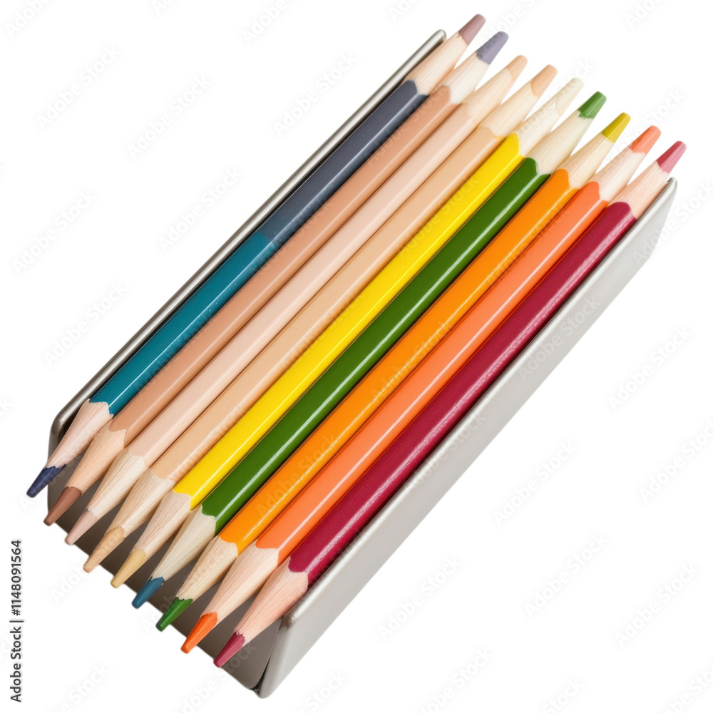 Fototapeta premium A set of colorful colored pencils arranged neatly in a box, showcasing a variety of vibrant hues, white background, transparent background.