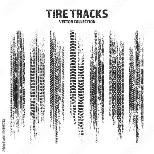 Grunge tire tracks, wheel braking marks. Truck, car or motorcycle tread pattern silhouettes. Auto race, motorsport, speed racing design element. Vector illustration