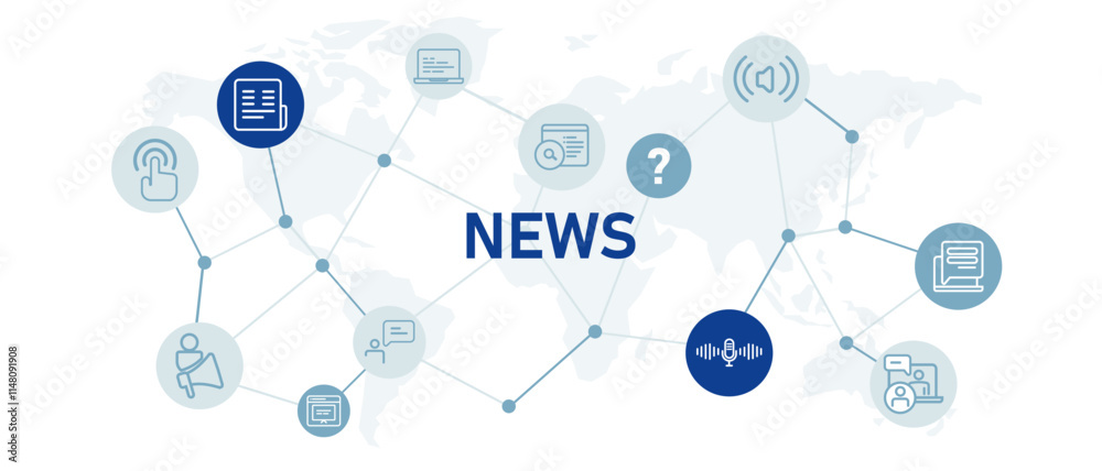 News website header banner featuring an outline set of icons representing magazine newspaper and media information including broadcasting and journalism design News website header banner featuring an outline set of icons representing magazine newspaper and media information including broadcasting and journalism design
