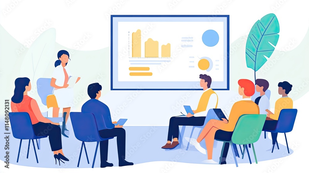 Businesswoman giving presentation to diverse team, analyzing data on screen. Businesswoman giving presentation to diverse team, analyzing data on screen.