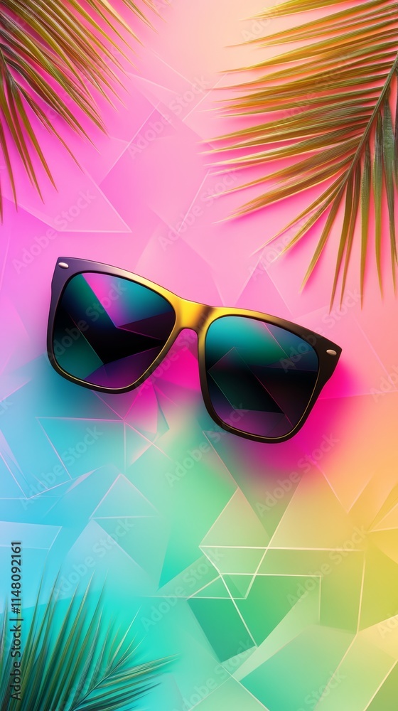 Stylish sunglasses on a vibrant geometric background with palm leaves, perfect for summer themes and fashion concepts. Stylish sunglasses on a vibrant geometric background with palm leaves, perfect for summer themes and fashion concepts.