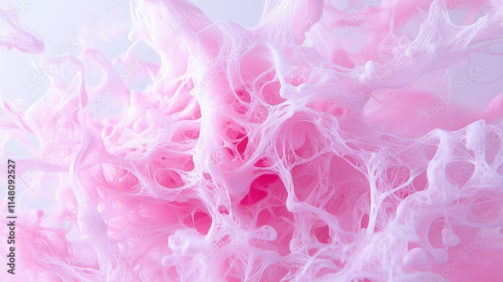 Fototapeta premium Abstract pink and white organic fluid structure resembling a neural network or cellular mesh.