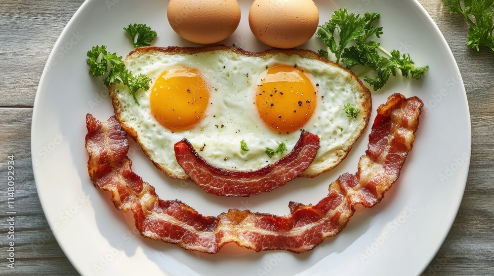 Smiling Fried Eggs Bacon Parsley Breakfast Plate Food Smiling Fried Eggs Bacon Parsley Breakfast Plate Food