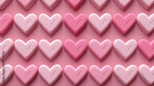 Colorful Marshmallow Hearts Arranged in Rows on Pink Background for Sweet Celebrations
