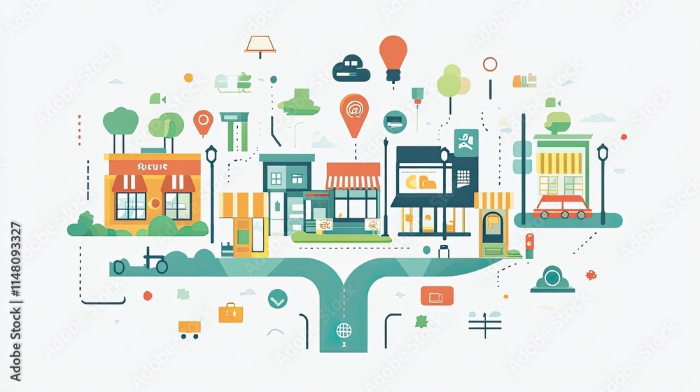 Smart city concept illustration showing interconnected buildings, shops, transport, and technology. Smart city concept illustration showing interconnected buildings, shops, transport, and technology.