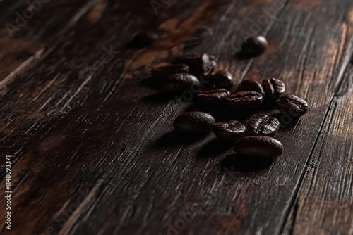 Dark Roasted Coffee Beans on Rustic Wooden Table with Natural Textures and Warm Colors Creating an Inviting Atmosphere Ideal for Coffee Lovers and Enthusiasts