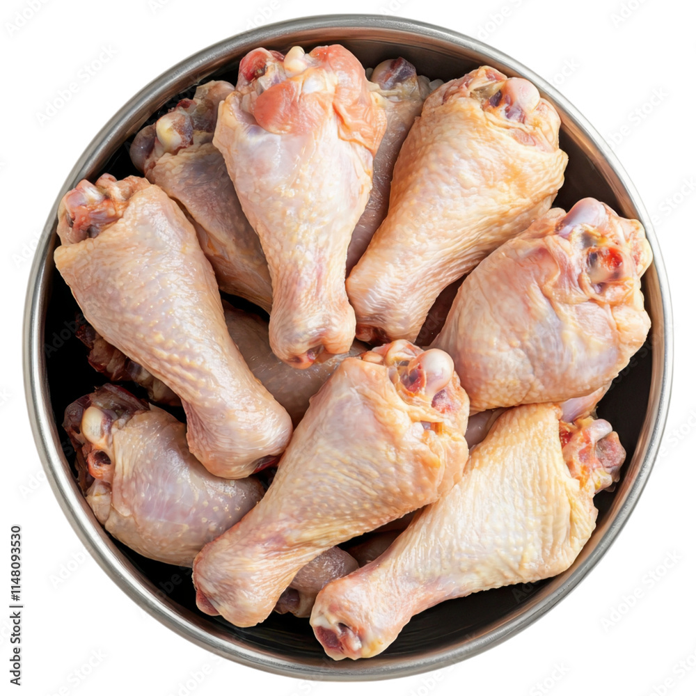 A bowl filled with raw chicken drumsticks, showcasing their plump shape and pale skin, white background, transparent background. A bowl filled with raw chicken drumsticks, showcasing their plump shape and pale skin, white background, transparent background.