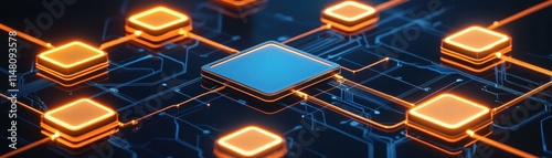 A digital circuit design featuring interconnected processors with glowing nodes, illustrating advanced technology and network connectivity, Holographic AI dashboard image