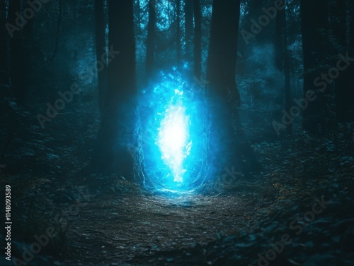 Mysterious Glowing Portal in Dark Enchanting Forest Path photo