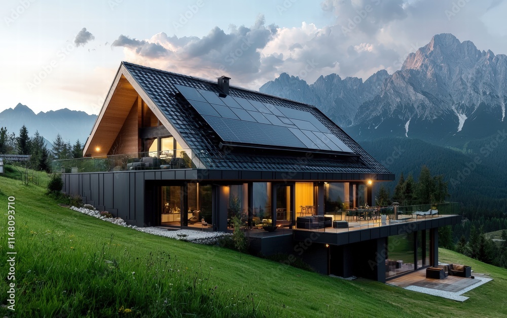 A contemporary house with solar panels integrated into the facade, overlooking a tranquil mountain range A contemporary house with solar panels integrated into the facade, overlooking a tranquil mountain range