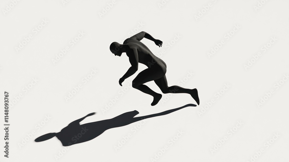 Silhouette of a running man casting a shadow on a white background.