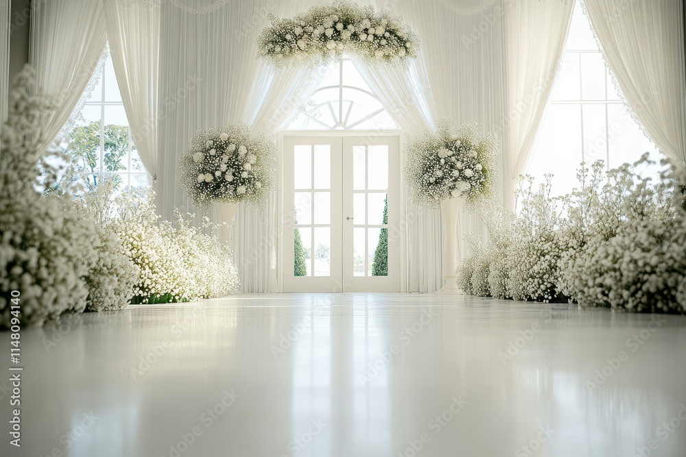 Fototapeta premium Wedding backdrop aesthetic indoor window natural light minimalist floral plant decoration background