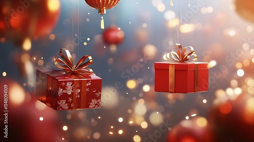 Red gift boxes and ornaments hang against a bokeh background. photo