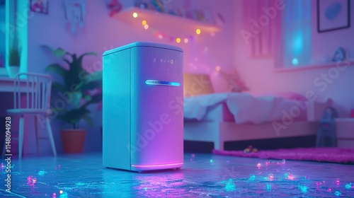 Mini Fridge in Girl s Room  Pink  Purple  Cinematic Lighting  4K photo