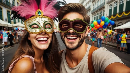 Smiling Couple at a Carnival Parade Taking a Selfie motion video