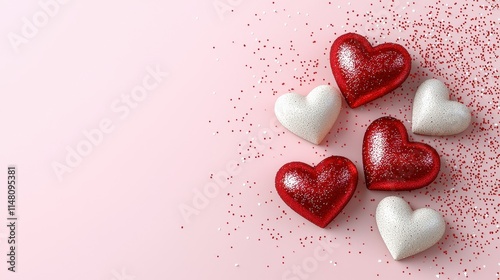 Colorful Glitter Hearts on Pink Background for Valentine's Day Celebration and Romantic Moments